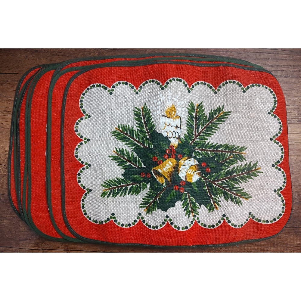 Vintage CHRISTMAS Candle BELLS RED GREEN COTTON PLACEMATE DOILY Lot Of 6 B17